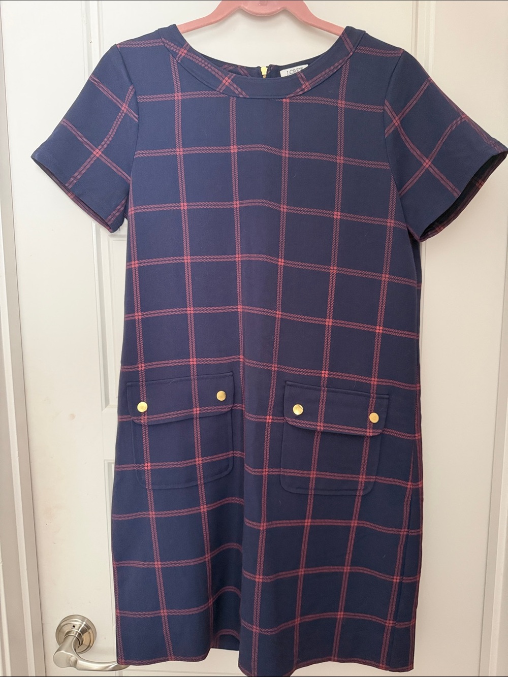 J. Crew Navy Windowpane Plaid Short Sleeve Dress with Gold Buttons